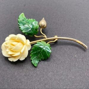 Gold filled brooch with jade leaf signed BB
